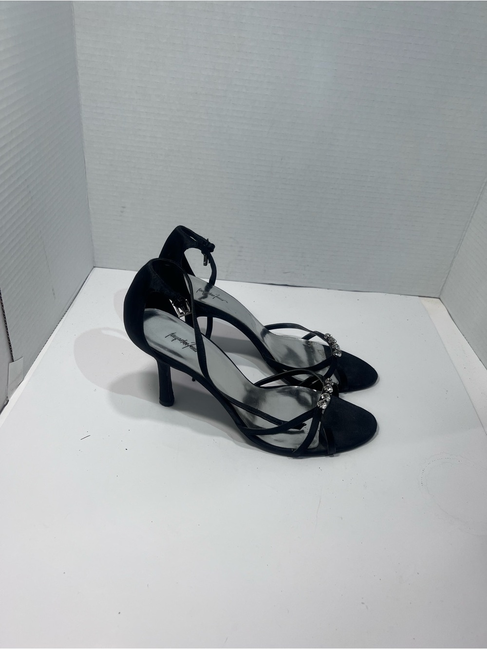 Jacqueline Ferrar Black Strappy Heels with Rhinestone Accent